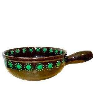 Vintage Landert 22 Suisse Fondue Pot Brown Green Floral Pottery Caquelon Pan